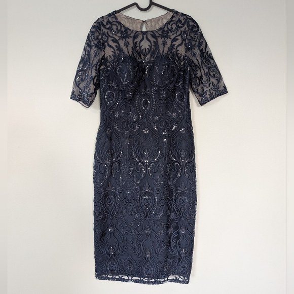 JJs House Navy Lace Midi Dress with Sequins. Sheer neck & sleeves. NWT.  Size 6 - Picture 5 of 11